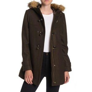 Cole Haan Loden Faux Fur Hooded Coat Zip Placket